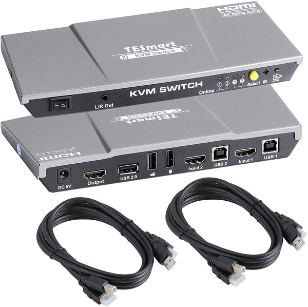 TESmart 2-Port HDMI 2.0 KVM Video Switch - 4K 60Hz UHD - Audio Output, USB Sharing