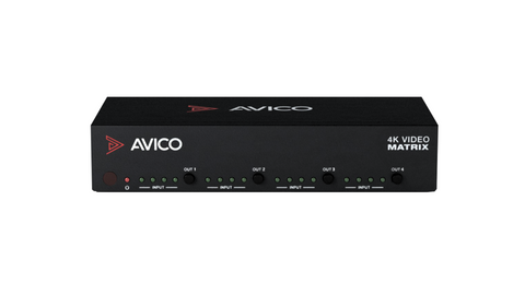 Avico 4x4 HDMI 2.0 Matrix in black color with 4 HDMI inputs and 4 HDMI output ports visible.