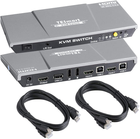 TESmart 2-Port HDMI 2.0 KVM Video Switch - 4K 60Hz UHD - Audio Output, USB Sharing