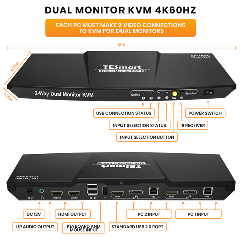 DUAL MONITOR 2-PORT KVM – HDMI + DISPLAYPORT – 4K 60HZ UHD – AUDIO OUTPUT & USB SHARING – 4X2